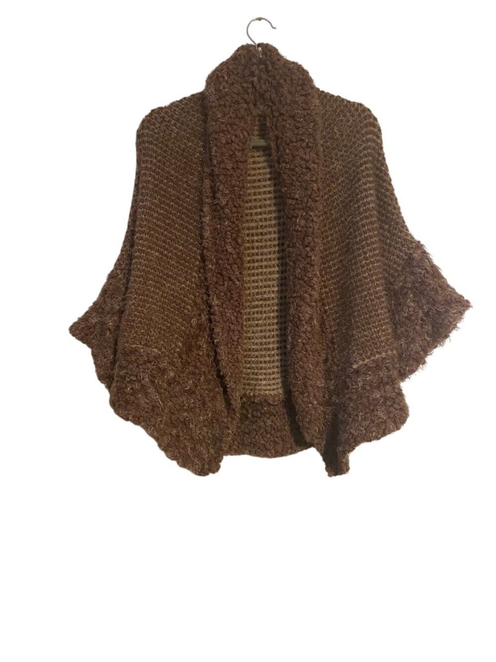 Simply Noelle Women OS Brown Open Front Knit Poncho Shrug Textured Hem Collar